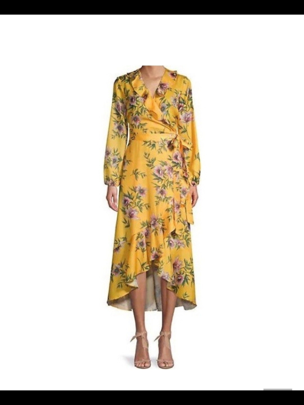 Ava & Aiden Yellow Floral Ruffle-Trim Wrap Dress